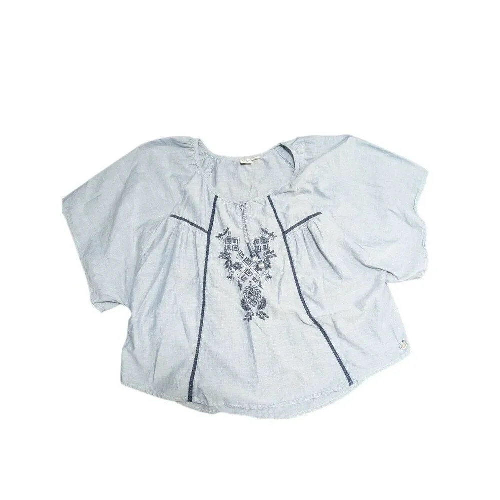 Roxy Embroidered Top/Blouse Gray Boho Peasant Beach Short Sleeve Women's Size S